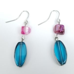 IKandi Gear Fashion Jewlery Pink Stone Bead & Blue Bead Drop Dangle Earrings
